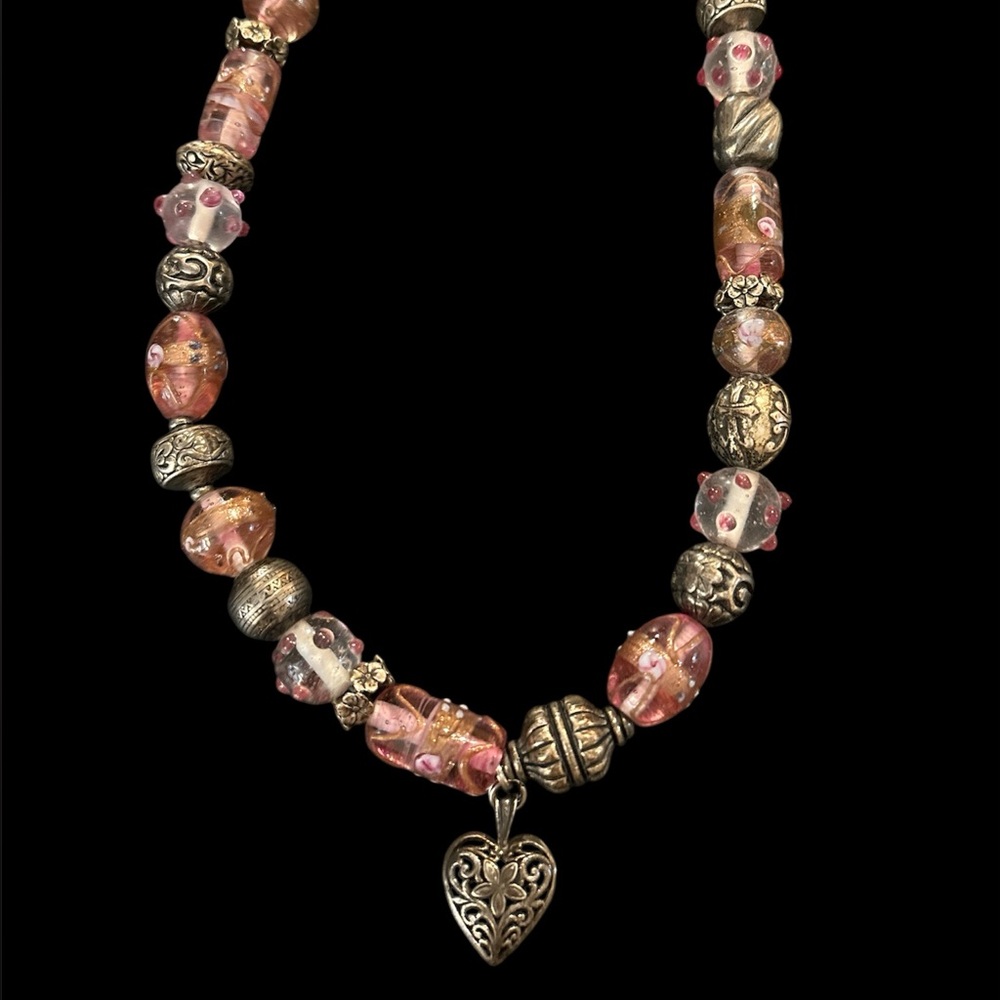 Vintage chunky glass beads & pewter heart toggle necklace